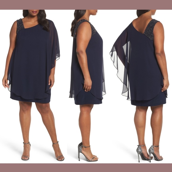 NWT $188‎ XSCAPE Embellished One-Shoulder Overlay Dress [PLUS SZ 18W ] - Picture 1 of 8